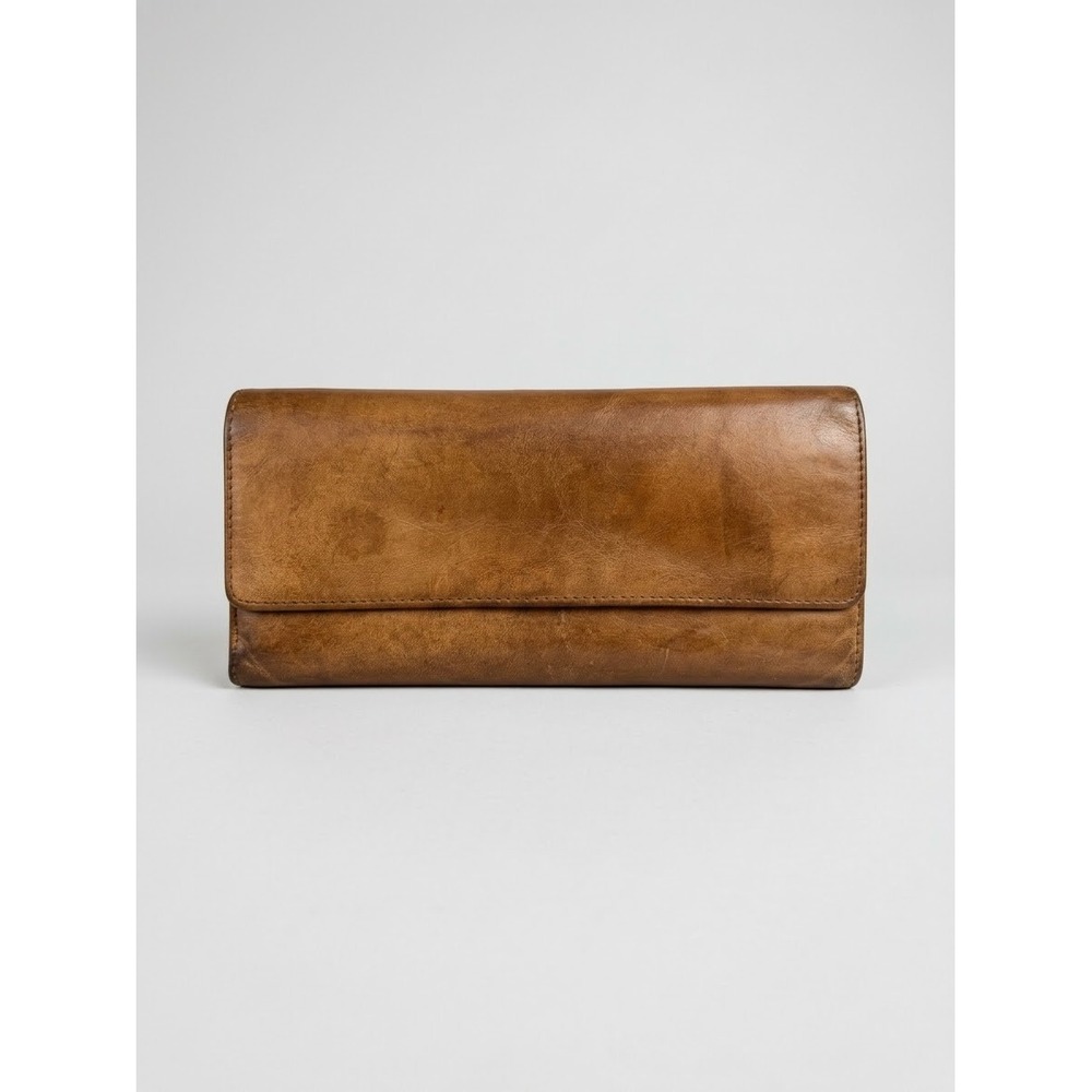 HOBO International Vintage Brown Leather Flap Clutch Wallet Paisley Lining